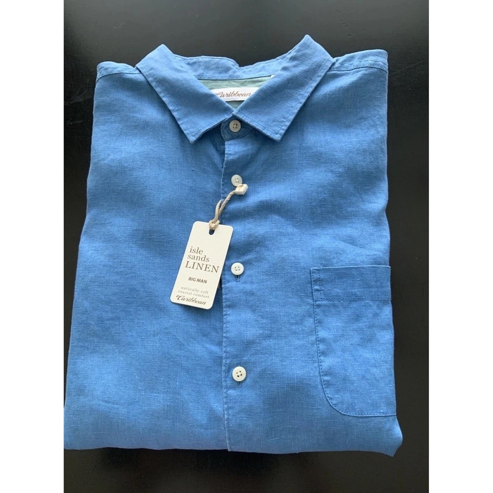 Caribbean Isle Sands Linen Blue Shirt 3XB Short Sleeve Big Man NWT